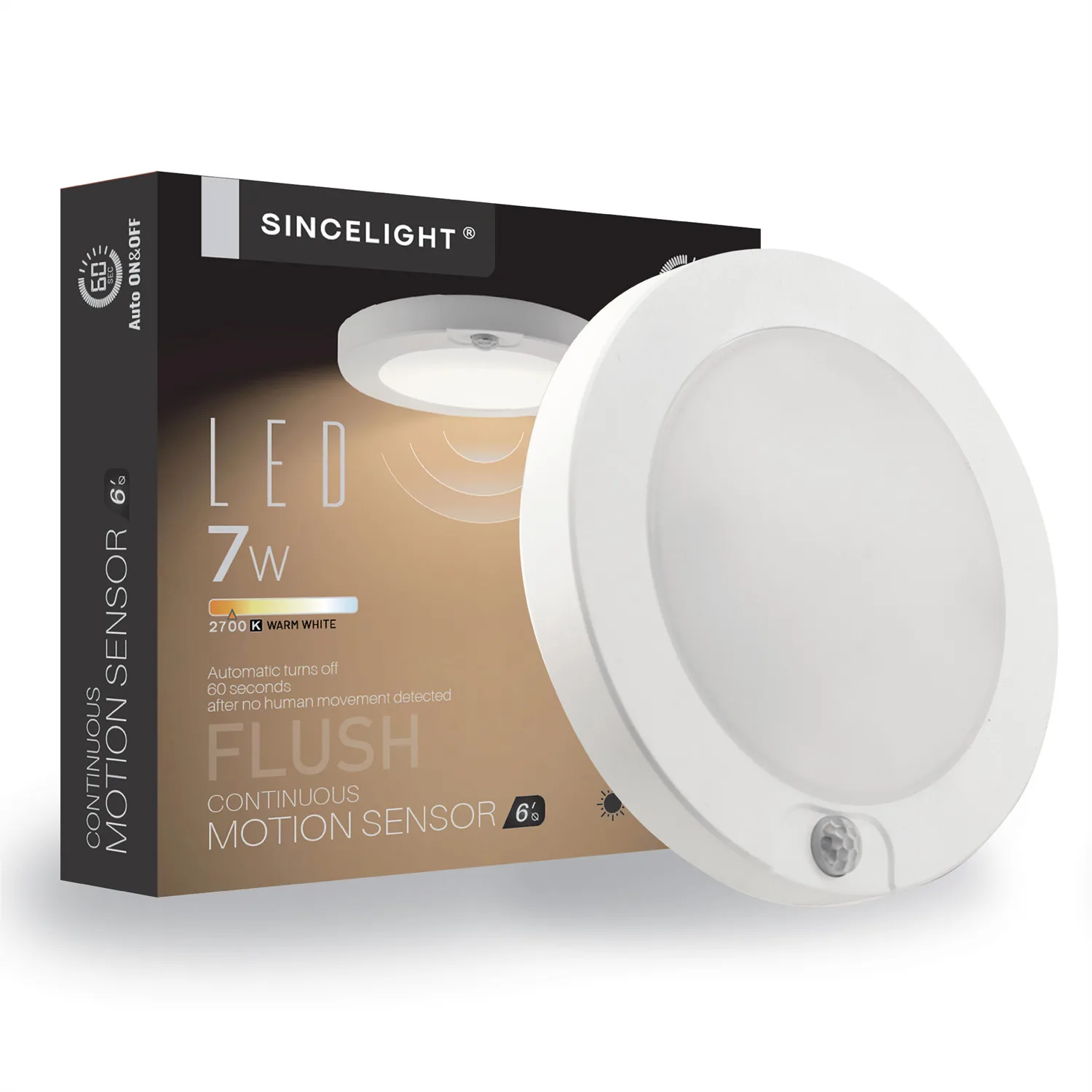 PIR Motion Sensor 7W LED Ceiling Light ( Φ6'/146mm ), Automatically ON/OFF, Warm White 2700K, Flush Mount for Closet Cabinet