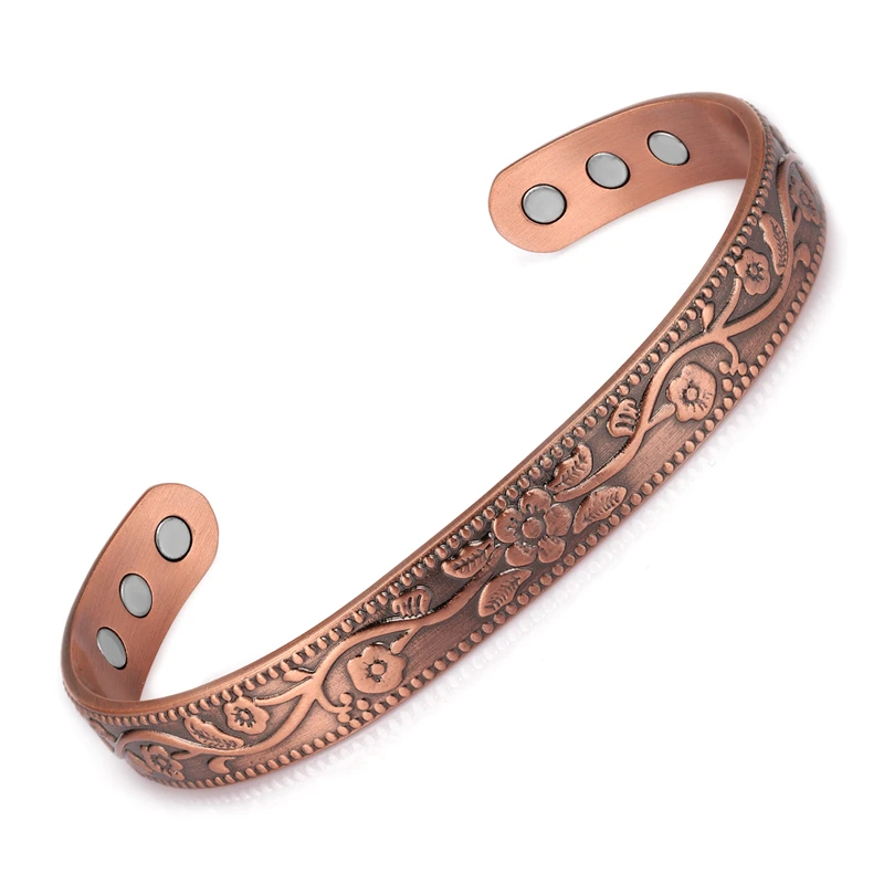 Vintage Flower Magnetic Copper Bracelet Health Energy Adjustable Bracelet Copper Open Cuff Copper Bracelets Bangles for Women