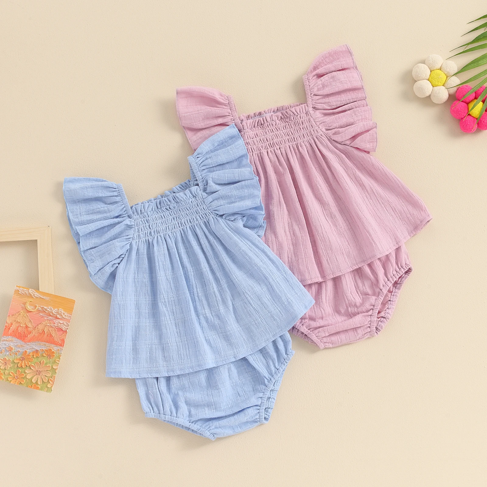 

0-3Y Baby Girls Summer Princess Outfits Solid Color Ruffles Tank Shirt Tops Elastic Shorts Set Fashion Cute Girls Clothes Set