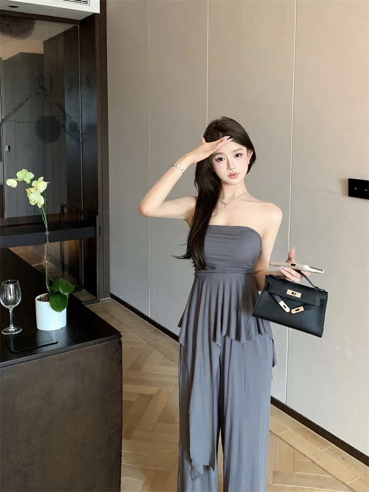 

Off The Shoulder Women Set Irregular Strapless Vest Women's Summer Gray Casual High Waist Wide Leg Pants Two-piece Set