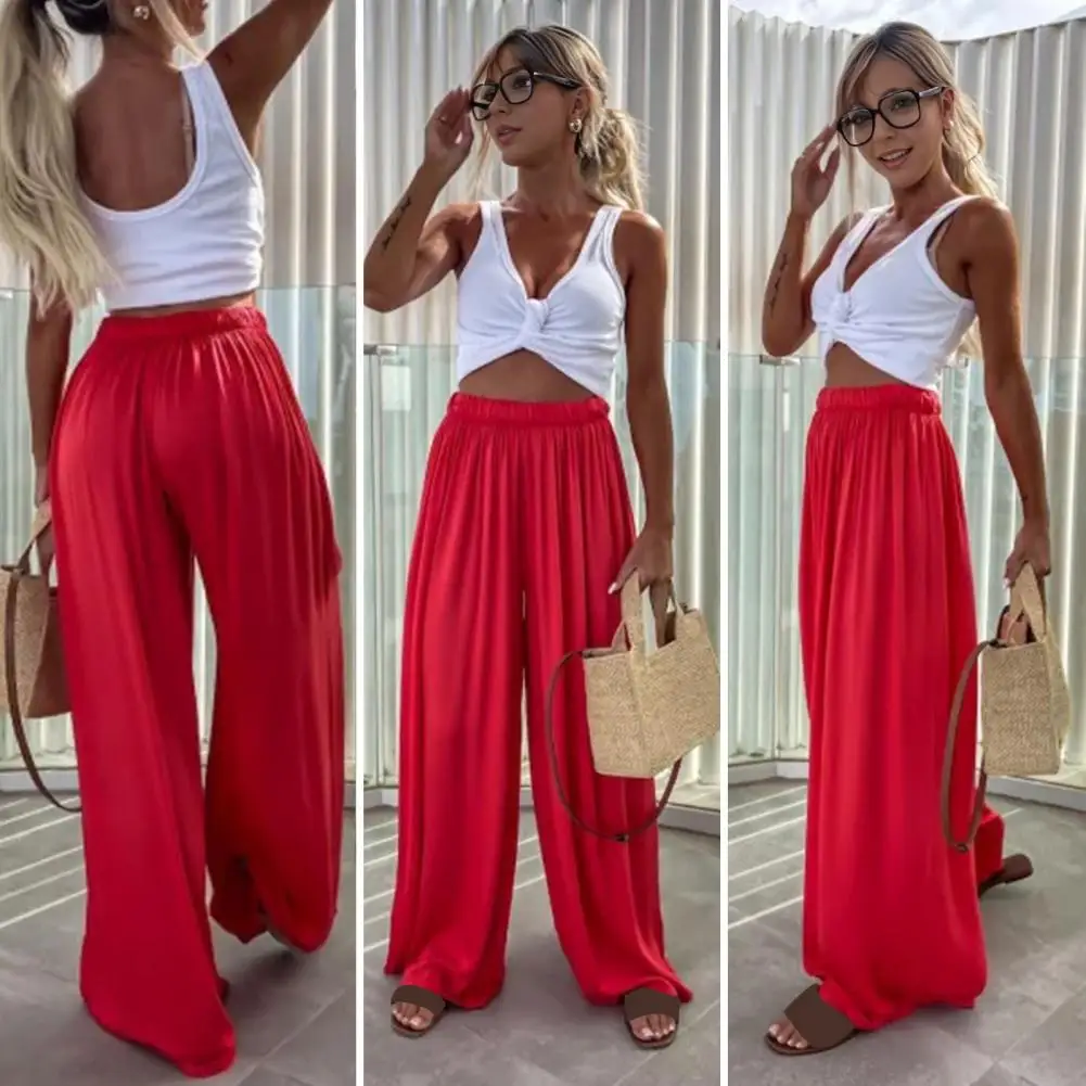 Elastic Waist Wide Leg Pants Sporty Loose Fit Women's Wide Leg Pants Mid-rise Elastic Waist Solid Color Trousers for Summer