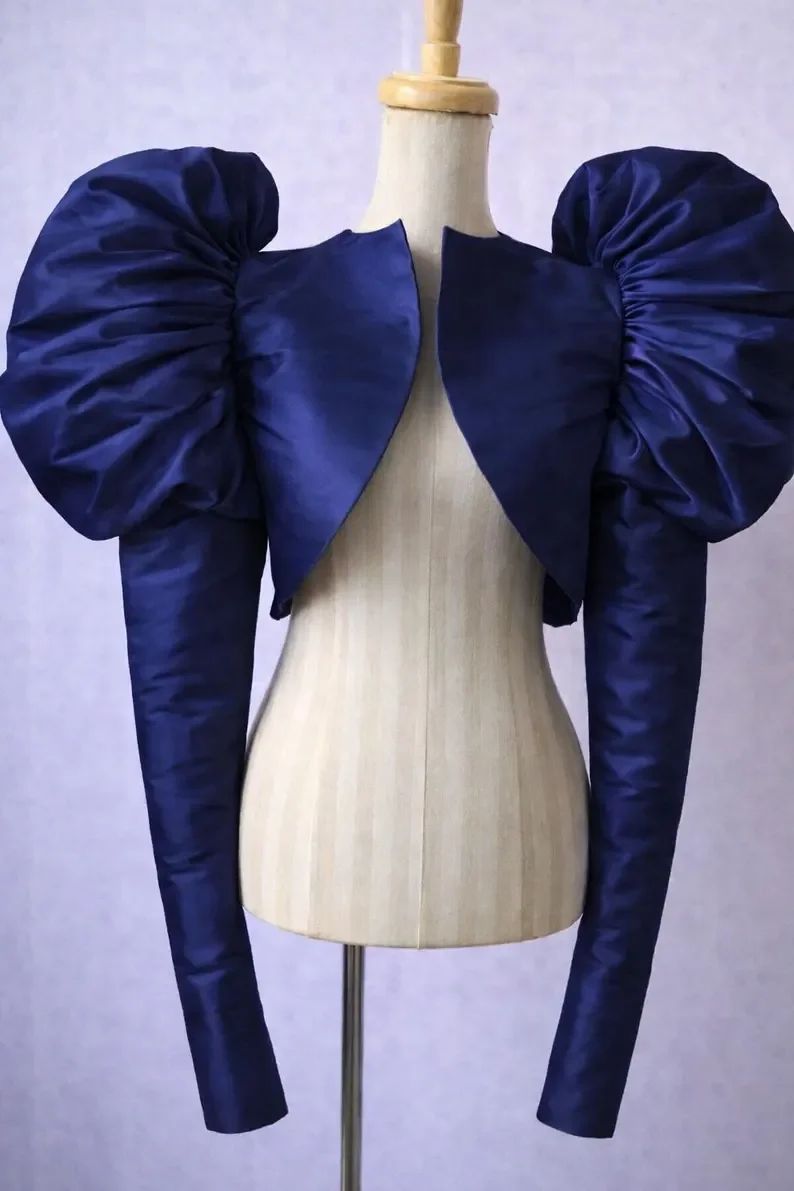 Customized Fashion Satin Ruffles Wedding Jacket Cap Sleeves Bride Boleros Bridal Capes Women Full Sleeves Top Cover image 5