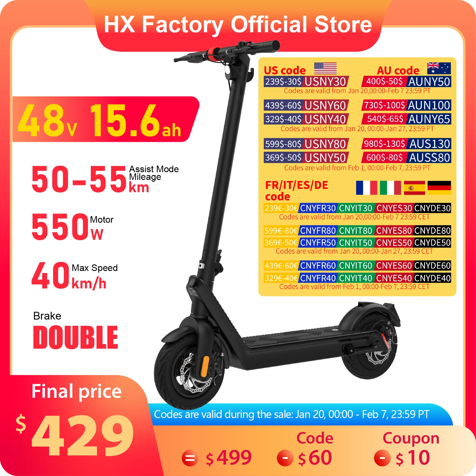 HX X9 Adult Electric Scooter 15.6AH 550W 48V 40KM/H Foldable Electric Kick Scooter 10 Inch E Scooter Electric Skateboard