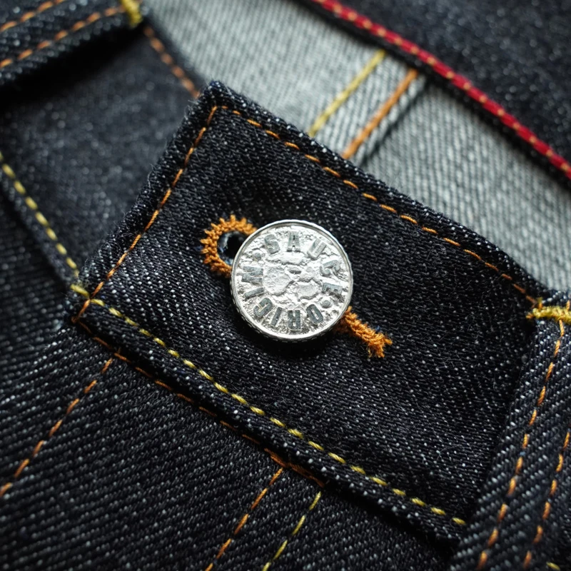 SAUCE ORIGIN 1A910-AG Mans Jeans Selvedge Denim Jeans for Man Silver Button Slim Fit Handmade 15 Oz