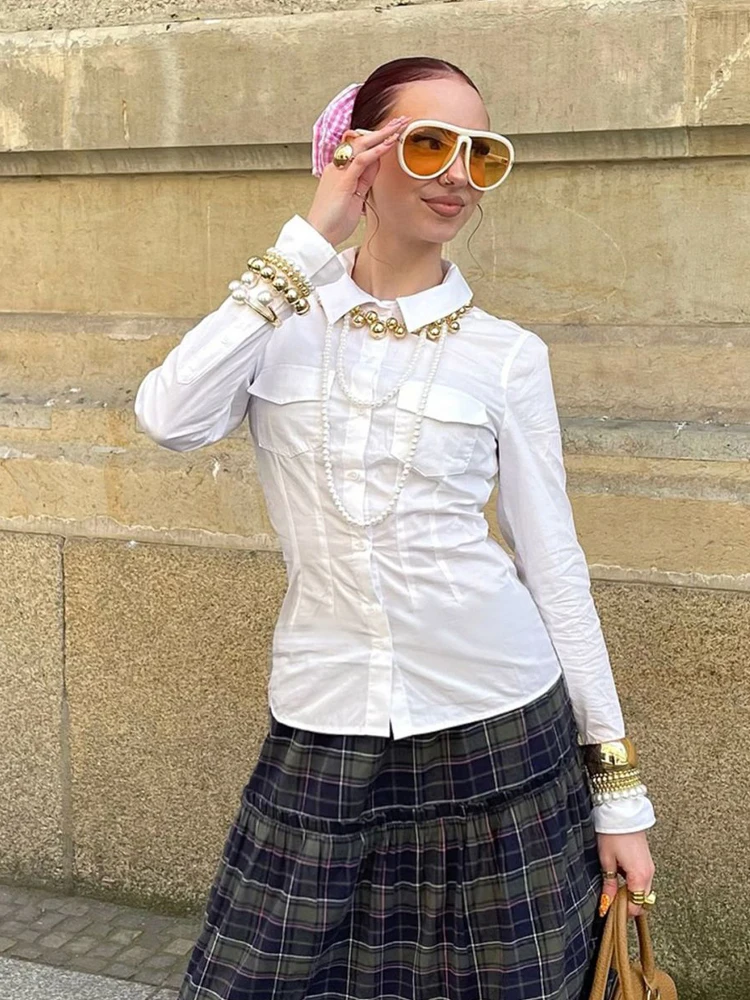 

Women's White Fitted Long Sleeve Shirt 2025 New French Chic Slim Waist Blouse with Structured Fabric & Classic Collar for Y2K