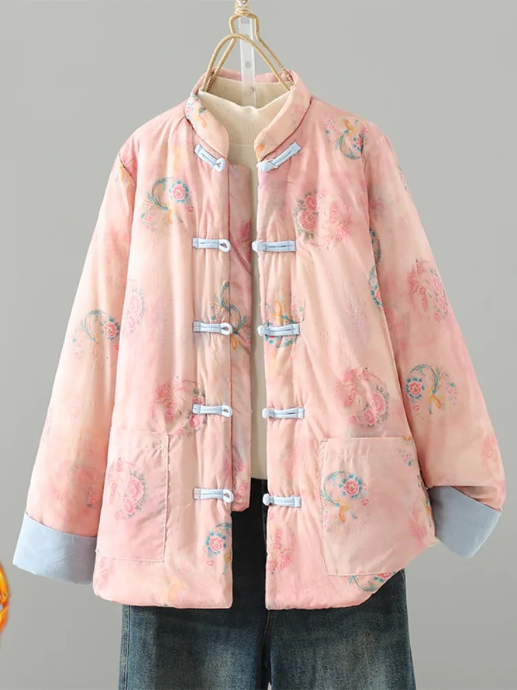 

Утепленное женское зимнее пальто из конопляного хлопка с цветочным принтом, на пуговицах, с длинными рукавами и воротником-стойкой