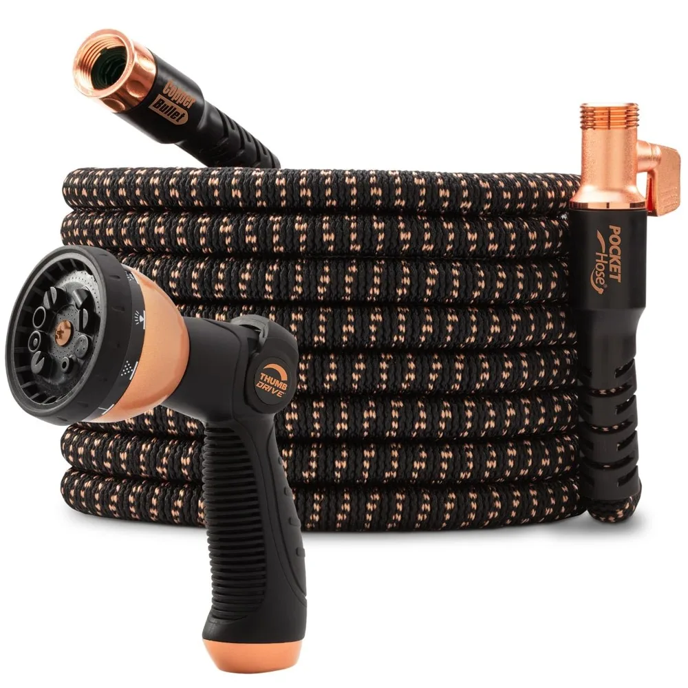 

Pocket Hose Copper Bullet Expandable Garden Hose 100 FT w/10 Pattern Thumb Spray Nozzle AS-SEEN-ON-TV 650psi 3/4 in Patented