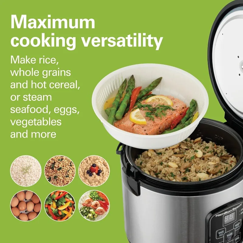 Hamilton Beach Digital Programmable Rice Cooker & Food Steamer, 8 Cups Cooked (4 Uncooked), With Steam & Rinse Basket