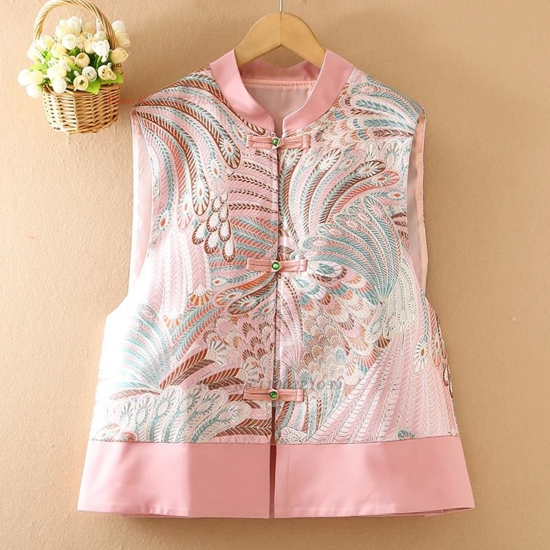 

2024 traditional satin jacquard ethnic vest chinese vintage hanfu tops oriental stand collar folk vest retro sleeveless jacket