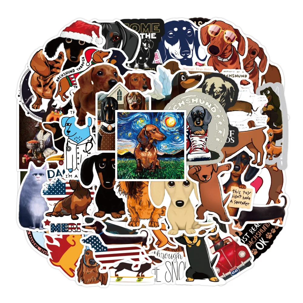 50PCS Cute Cartoon Dachshund Dog Stickers For DIY Wall Phonecase Book Waterproof Removable