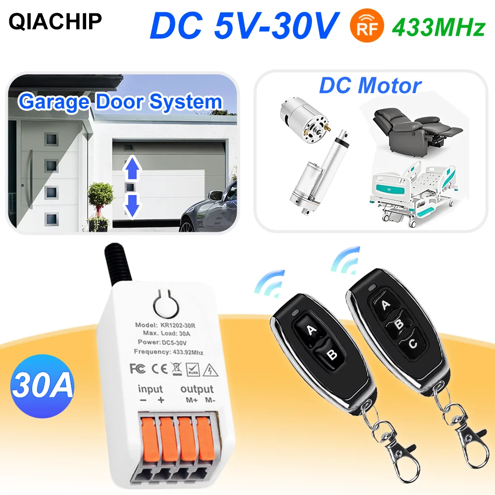 433MHz Wireless Remote Control Switch 30A Motor Forward Reverse Controller DC 5V-30V For Garage Door & Curtain Motor Controls