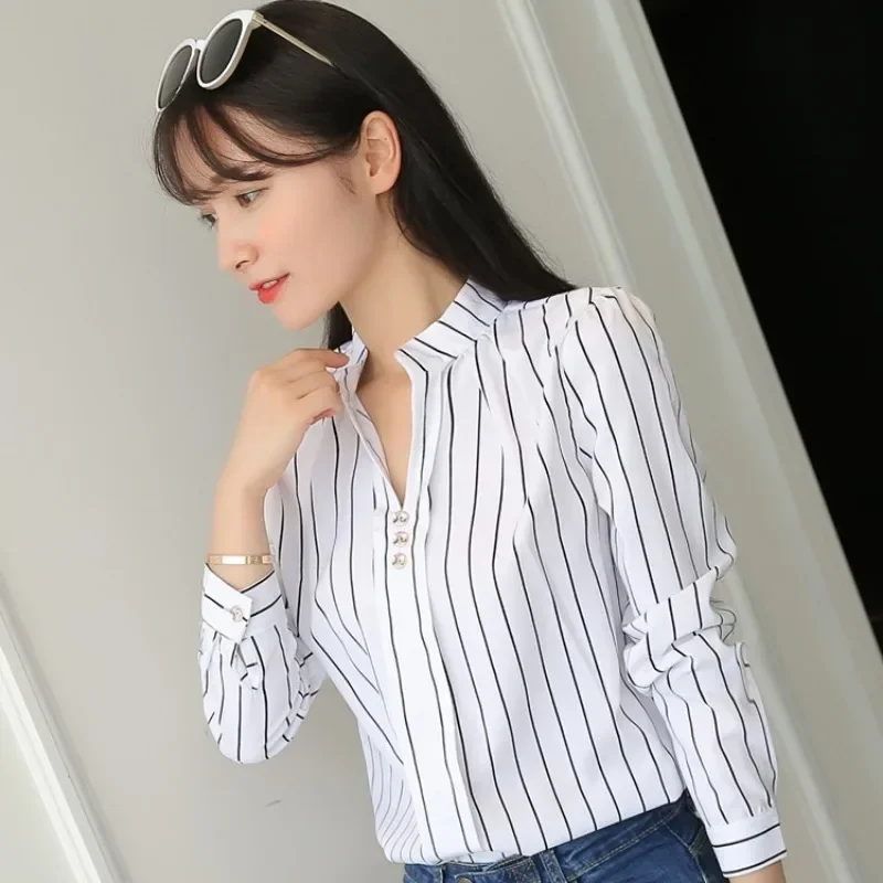 2024 Spring and Autumn New Style Casual Striped Long-sleeved Shirt Loose White Stand-up Collar Top for Women