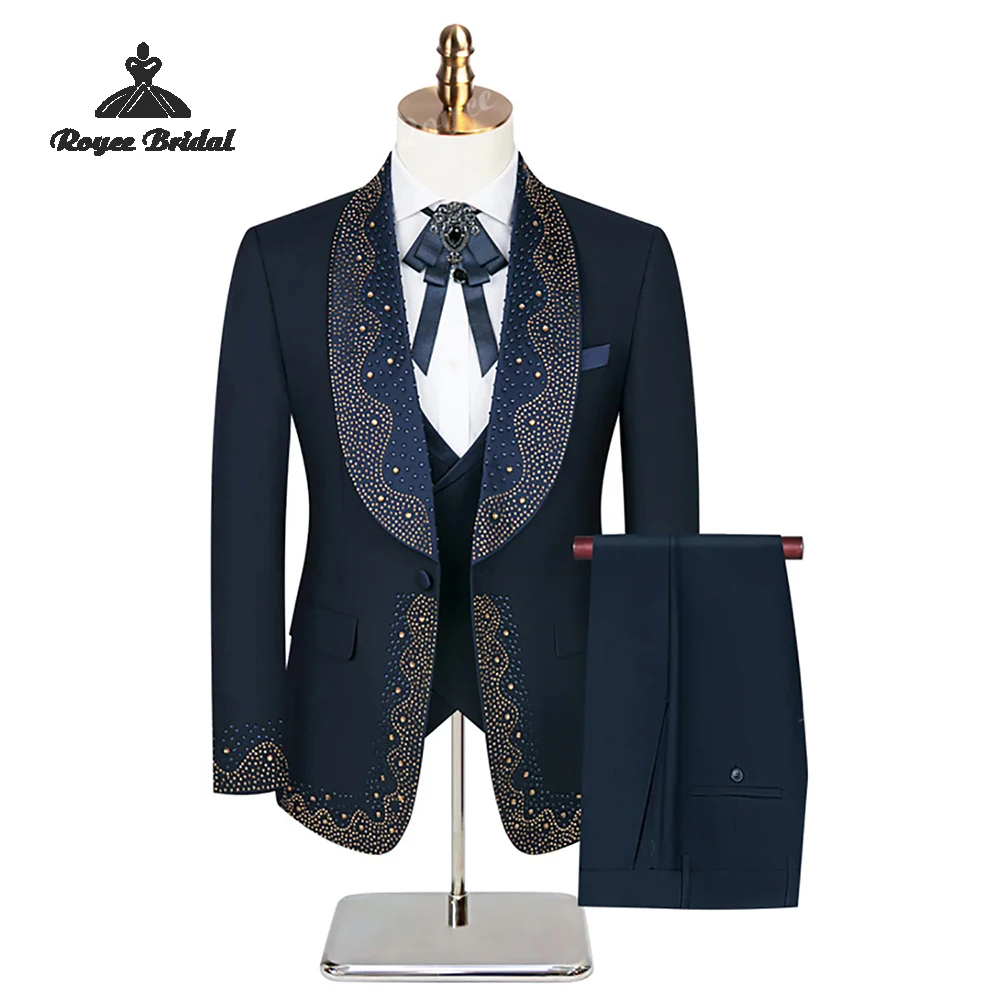 

Темно-синий однобортный мужской свадебный костюм из трех предметов, расшитый бисером, 2026, вечерний костюм с шалью и лацканами, индивидуальный костюм trajes para hombre