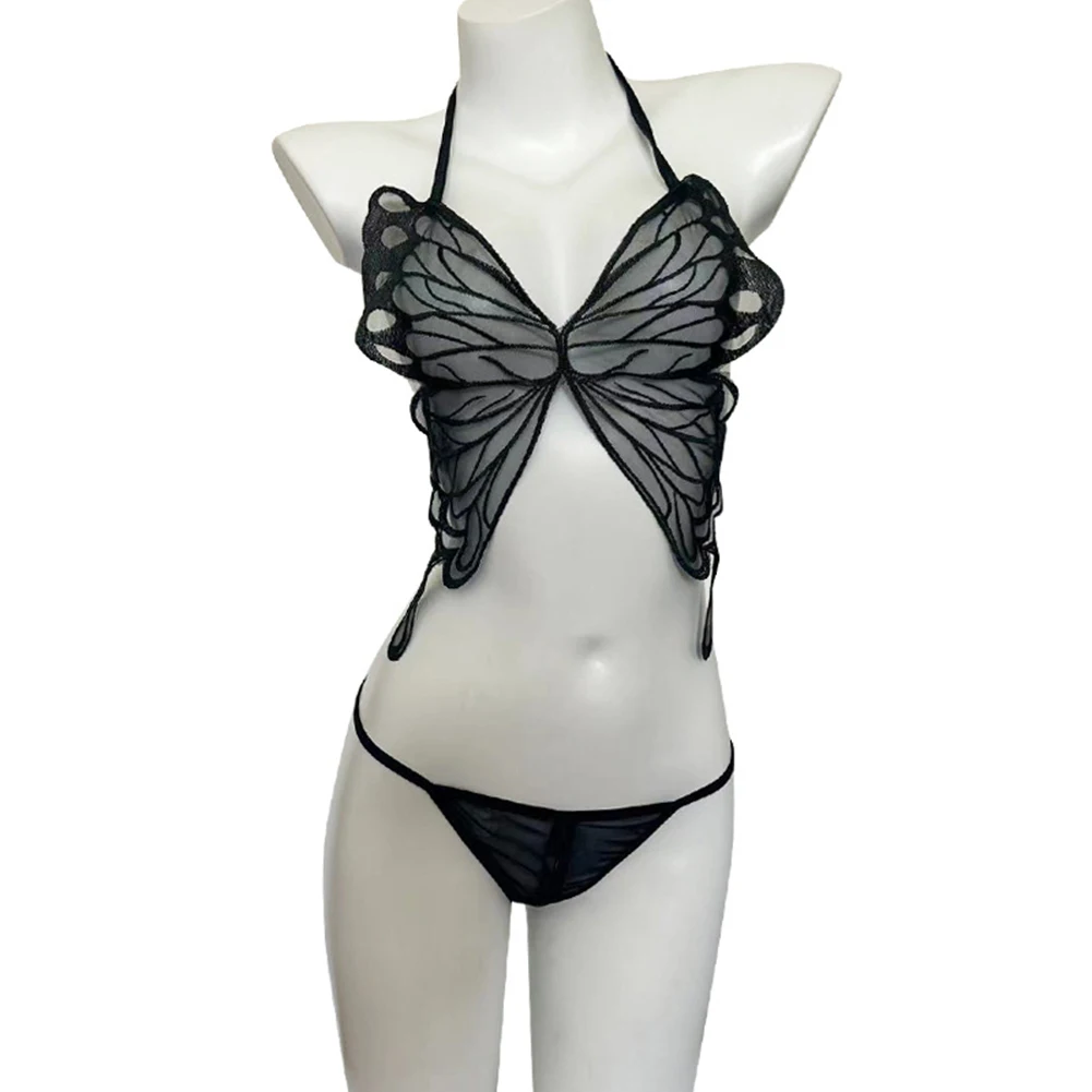 

Sexy Lingerie Women Dress Halterneck Sheer Butterfly Bra Thong Stocking Backless Crotchless Bodysuit Erptic Lingere Outfit