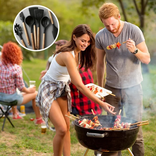 7pcs Silicone Kitchenware Non-Stick Cookware Kitchen Utensils Set Spatula Shovel Wooden Handle Cooking Tool Set 6