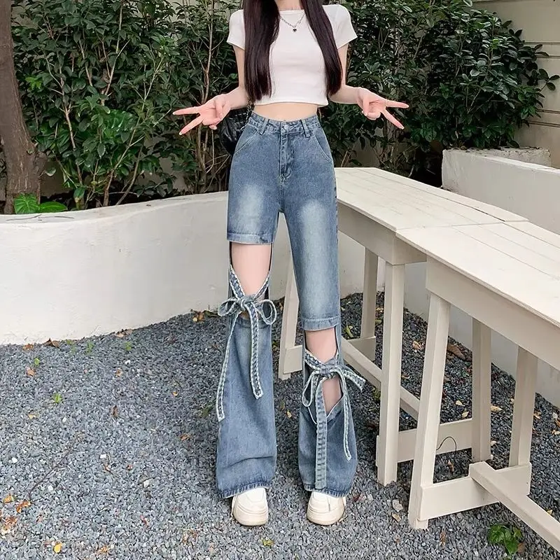 Bow Hollow Ripped Wide Leg Jeans Women's Large Size Straps Slim Drape Floor Pants