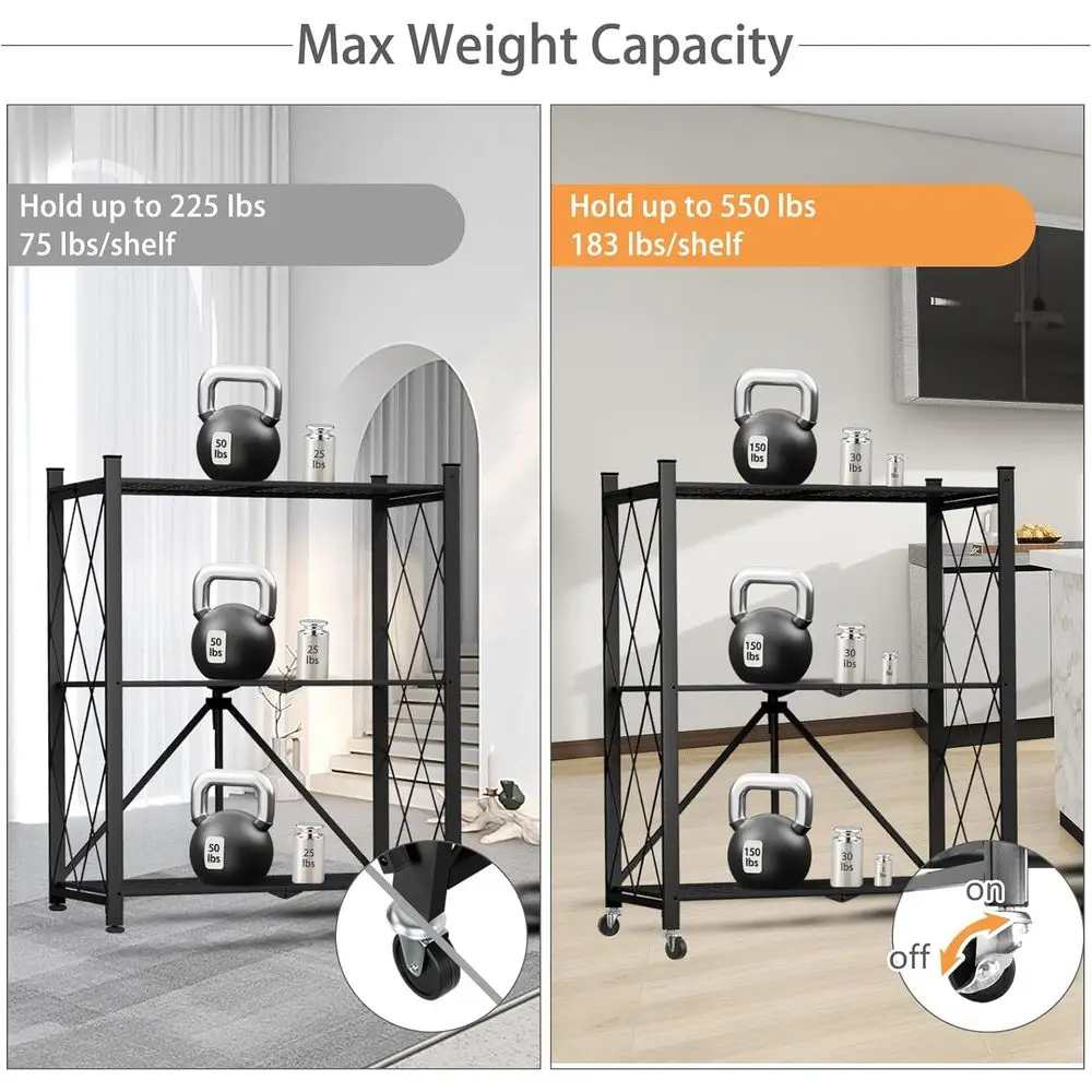 رف فولاذي قابل للطي من 3 طبقات على عجلات، سعة 550 رطلاً، رف تخزين عالي التحمل للمرآب والمطبخ والمخزن والمكتب، أسود
