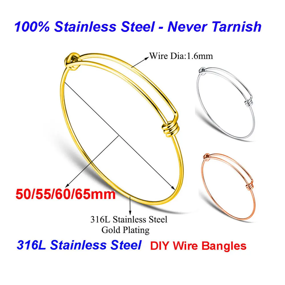 30Pcs/lot 100% Stainless Steel DIY Charm Bangle 50-65mm Jewelry Finding Expandable Adjustable Wire Bangles Bracelet