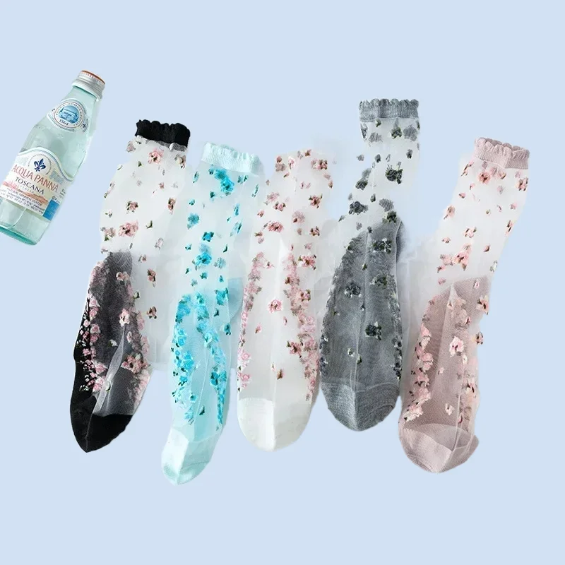 5 Pairs Summer Women Transparent Lace Silk Crystal Rose Flower Girls Elastic New Women's Breathable Ultra Short Socks Thin Socks