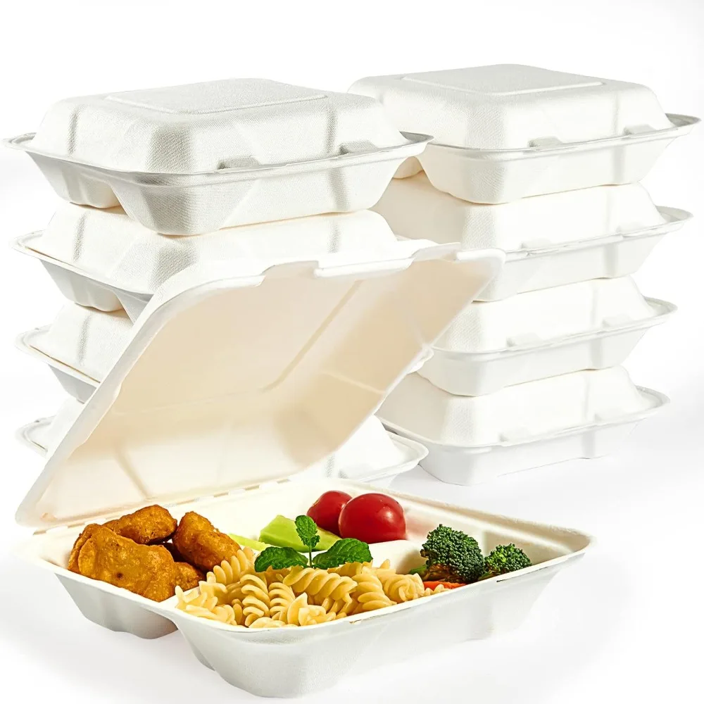 

100% Compostable Clamshell Take Out Food Containers, 90 PACK 8”X8”Eco-Friendly Disposable Food Containers 3 Compartment