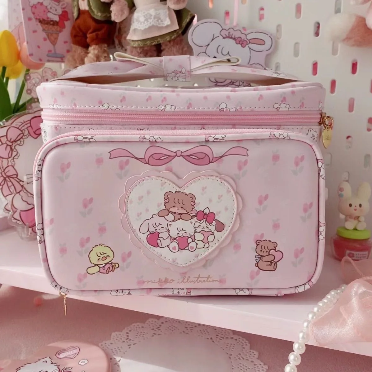 Cute Mikko Cosmetic Bag Large Capacity Cartoon Printing Storage Bag Pu Leather Portable Handheld Wash Bag