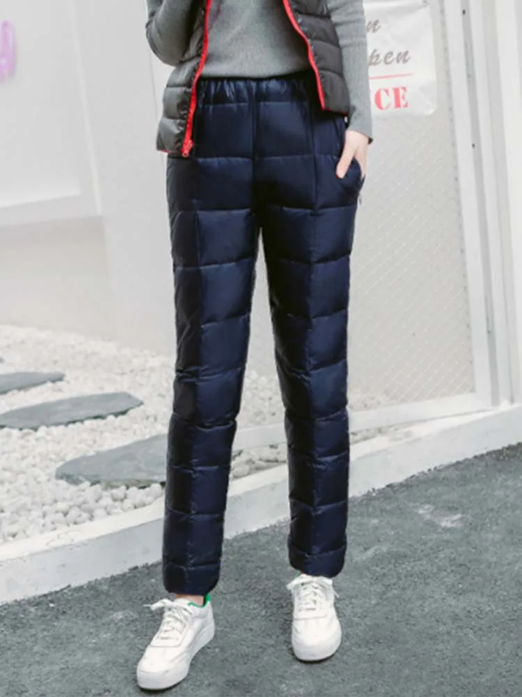 Winter Woman Puffy Harem Pants Hight Waist Office Lady Duck Down Pants Thick Warm Drawstring Feather Quilted Trousers for Women