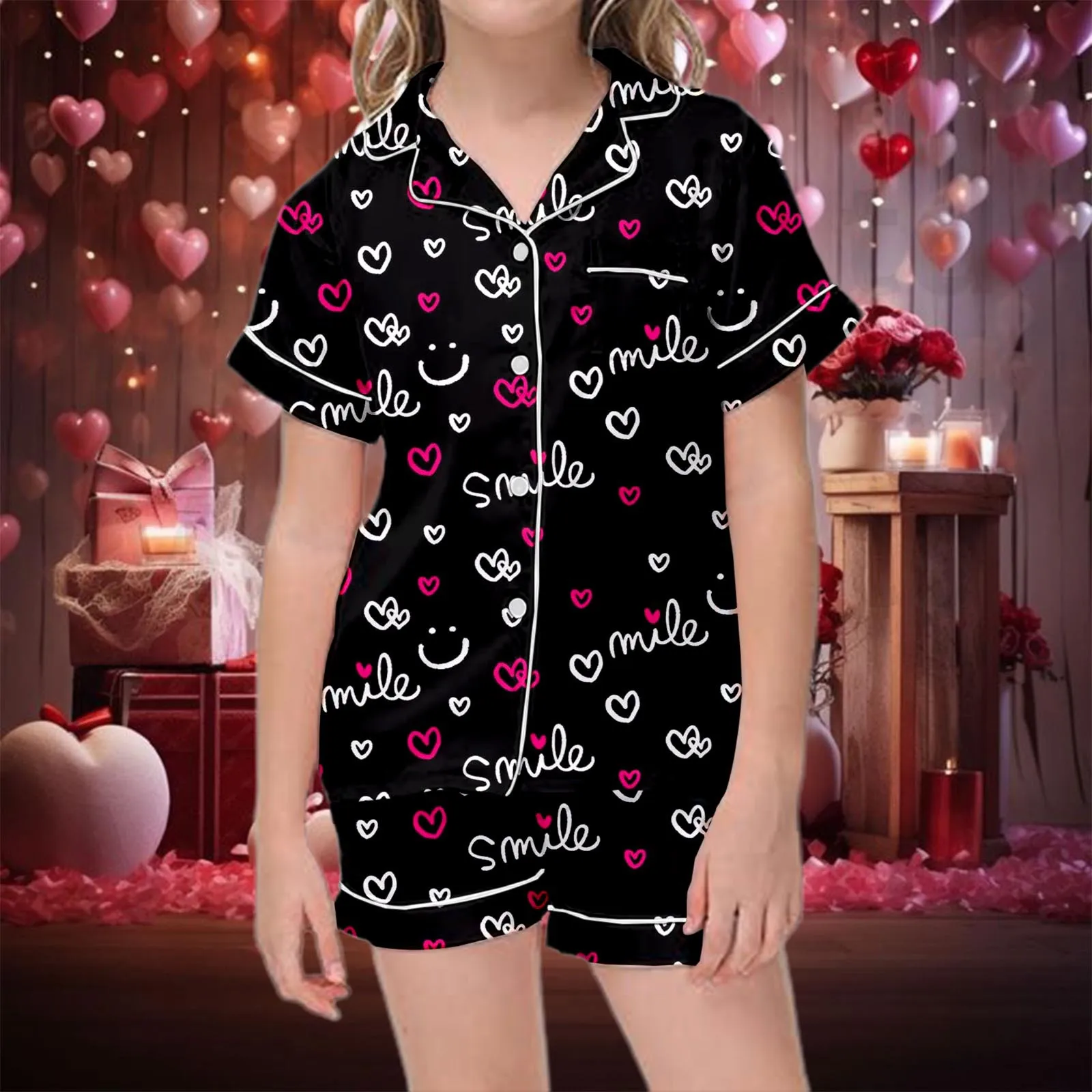 Valentine'S Day 2025 Children'S Shirt And Pants Set Kawaii Print Pajamas Set Pocket Set Short Sleeve Tops+Elastic Waist Shorts