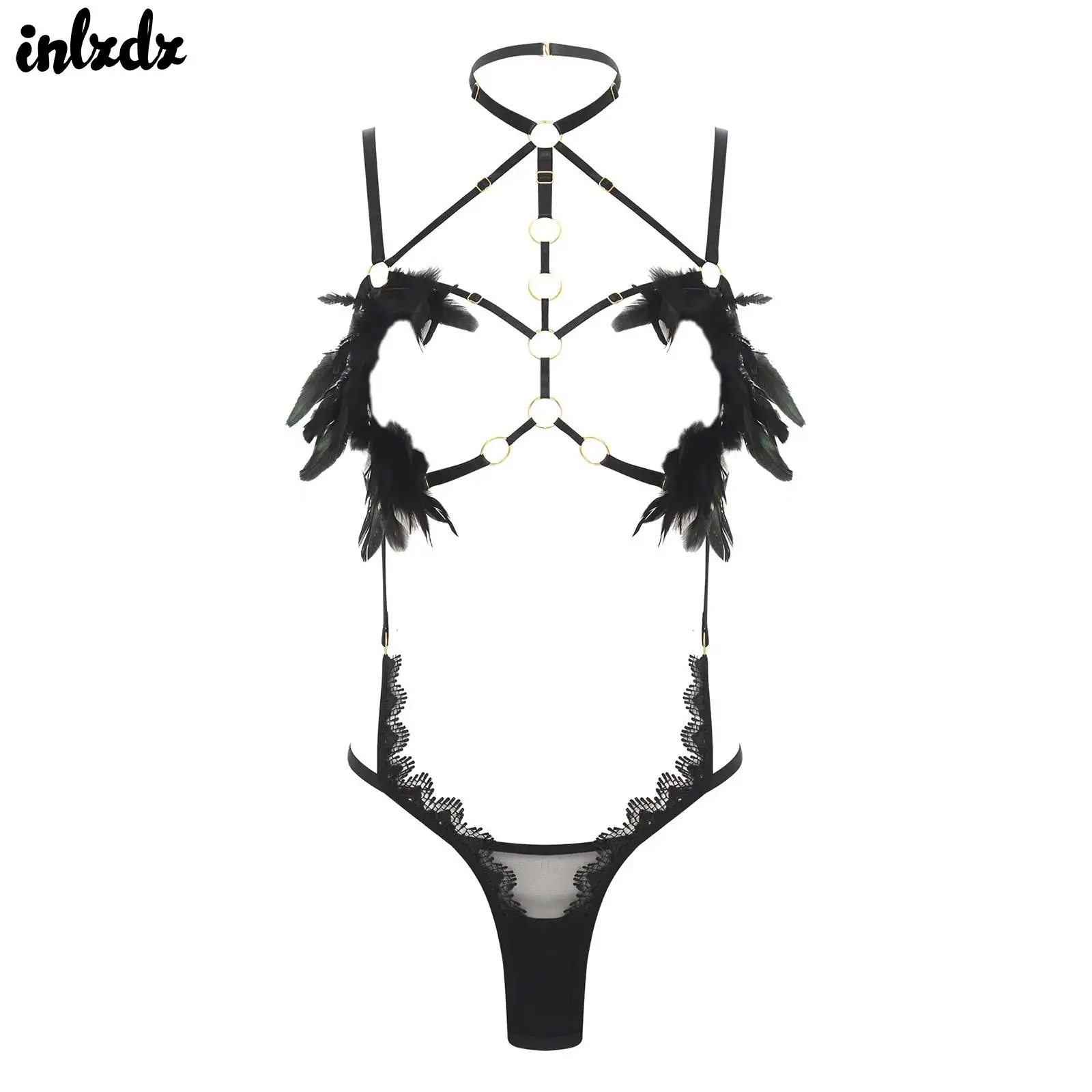

Women Strappy Halter Open Chest Harness Costume Lingerie Sexy Thong Bodysuit Cutout Furry Feather T-back Thong Leotard Nightwear