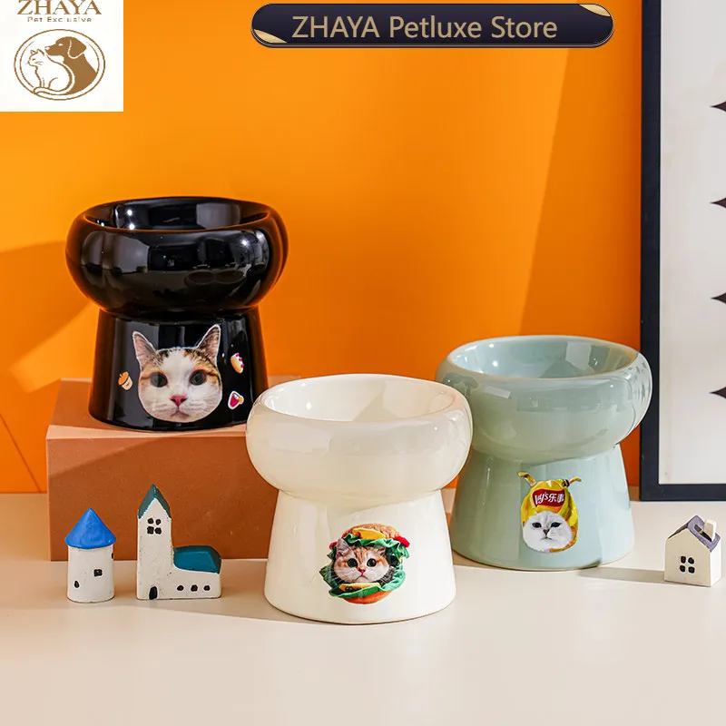 Custom Raised Ceramic Cat Bowl Neck Protection Anti Tip Black Chin Prevention Water Dry Food Dish ZHAYA