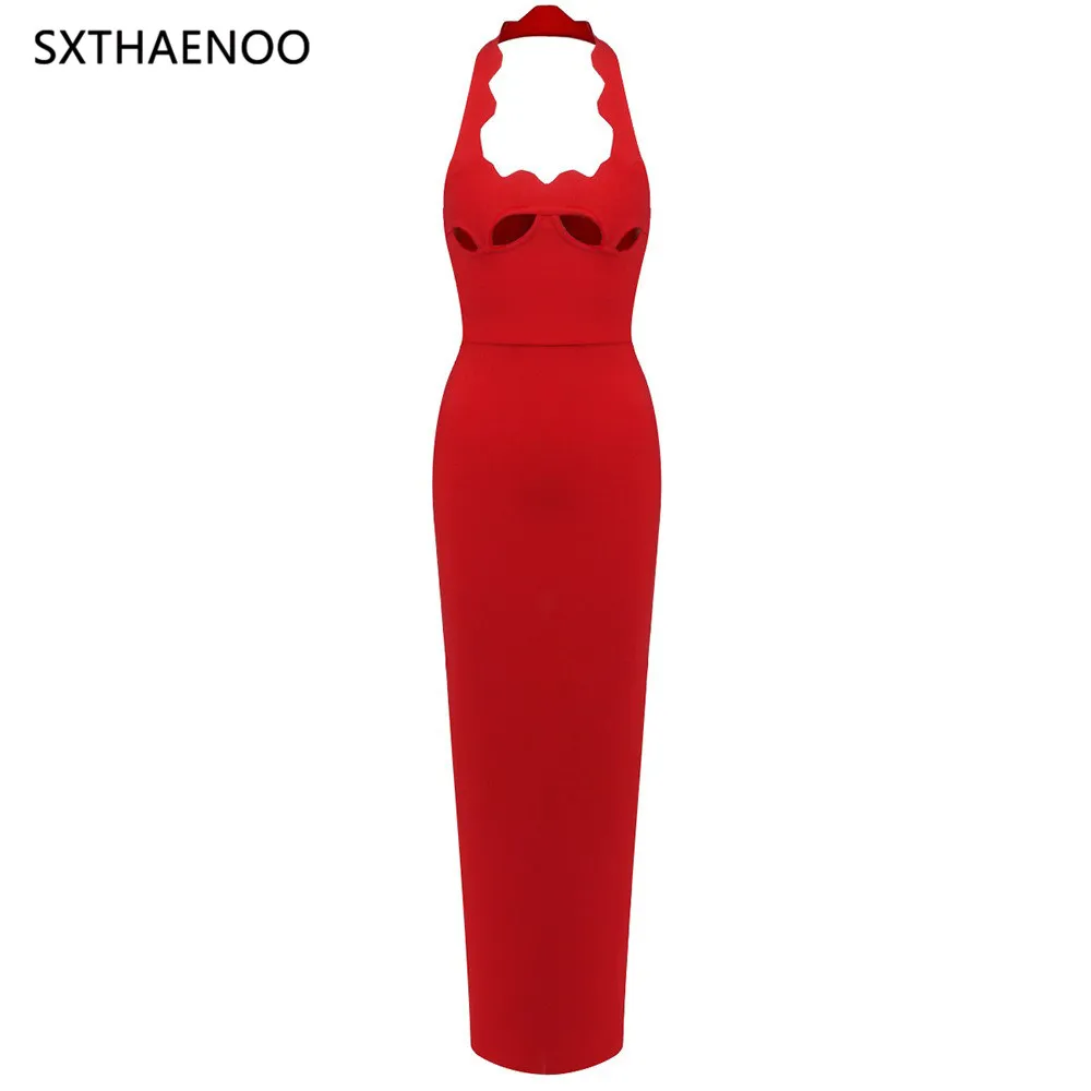 SXTHAENOO Neue Bandage Langes Kleid Schwarz Elegante Reiche Frauen Neckholder Herzförmige Büste Cut Out Backless Split Maxi Kleid 2025