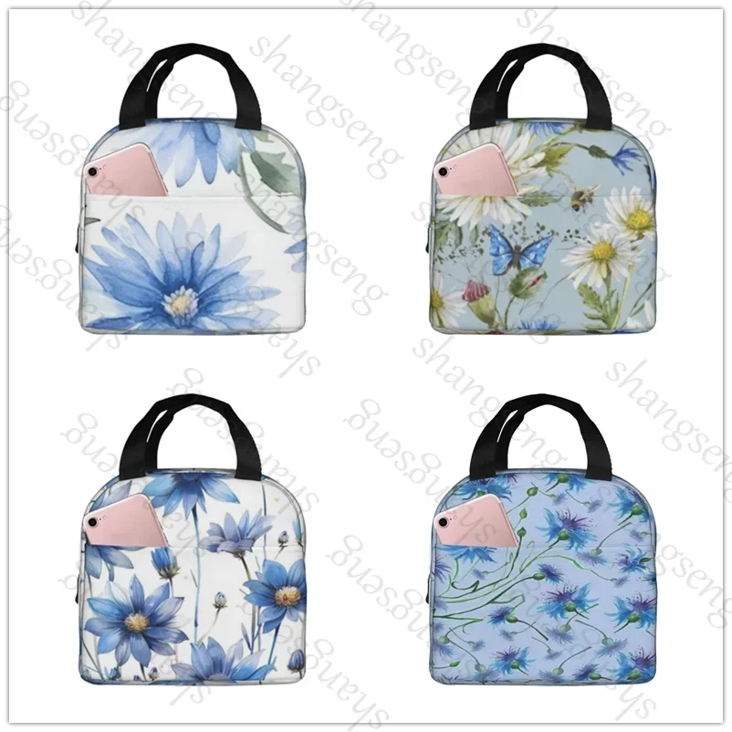 Lunch Bag Insulation Bento Pack Aluminum Foil Rice Bag Meal Pack Ice Pack Student Bento Lunch Handbag Watercolor Daisy flowers