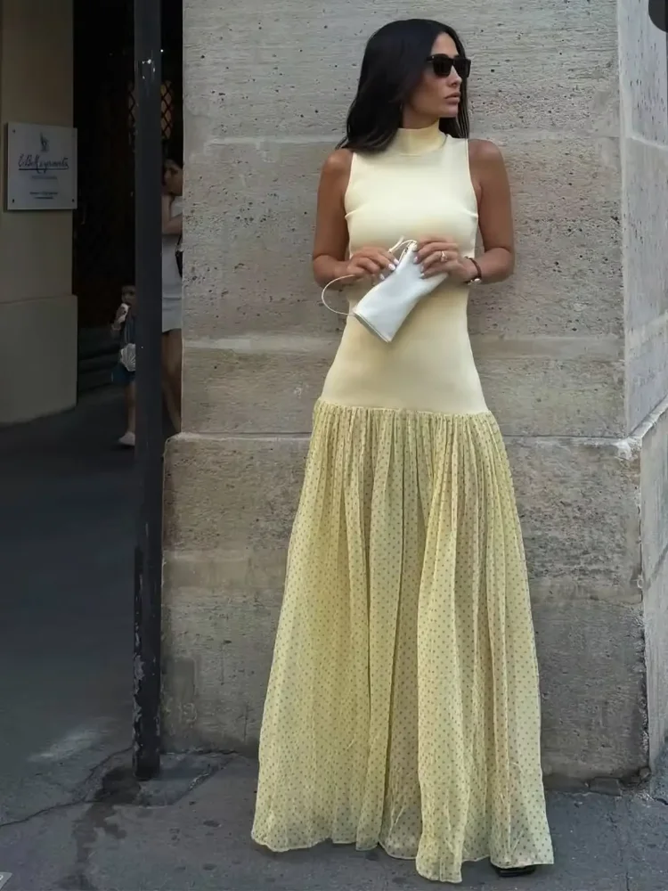 

Шикарное платье-макси из газовой ткани в стиле пэчворк с узором в горошек, элегантное, без рукавов, с воротником-стойкой, плиссированное, приталенное, для женщин, вечерние наряды 2026