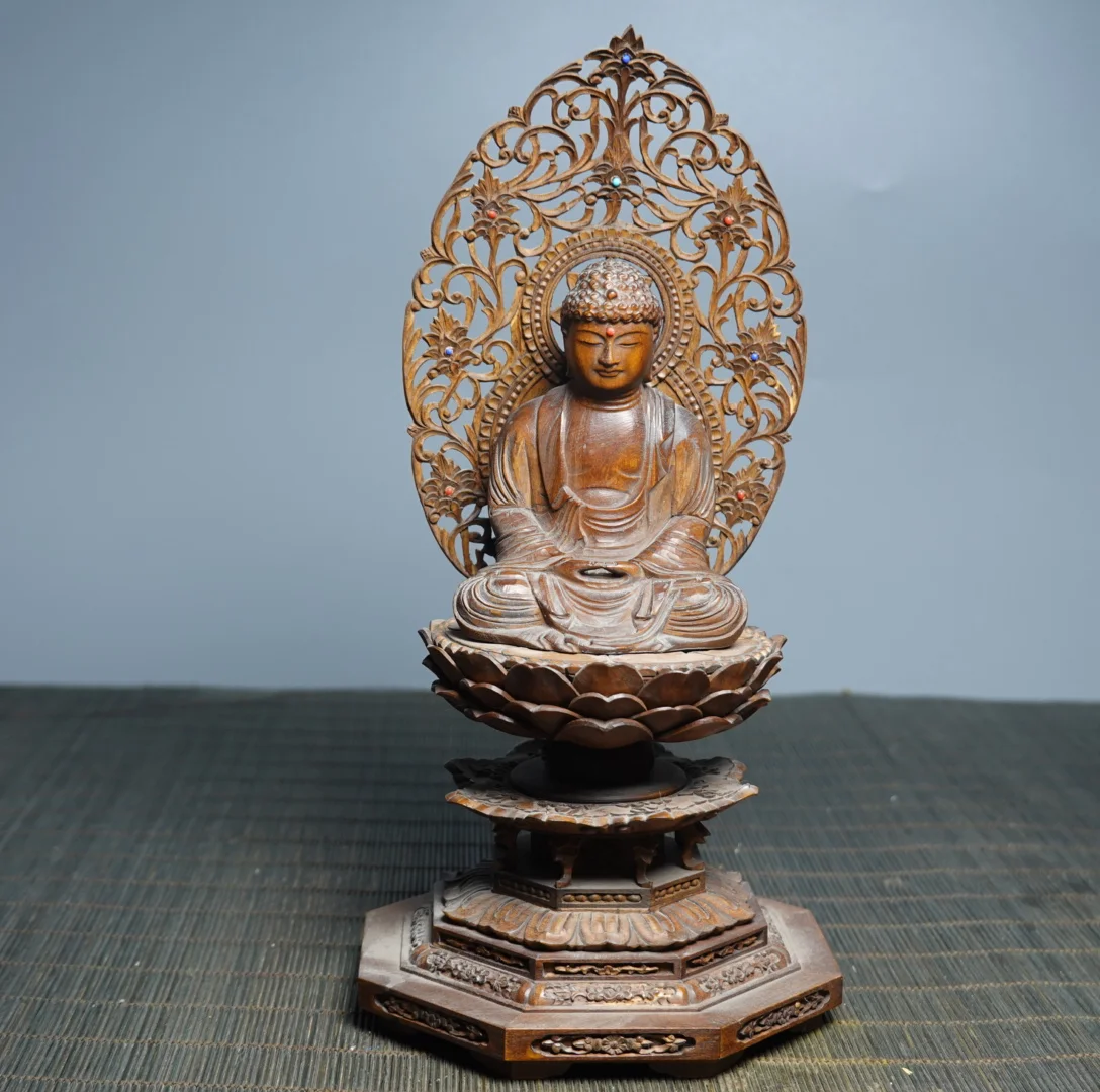 Old Boxwood Northern Wei Buddha Amitabha Shakyamuni Backlit Lotus Buddha Terrace Study desktop Amass wealth Ornaments