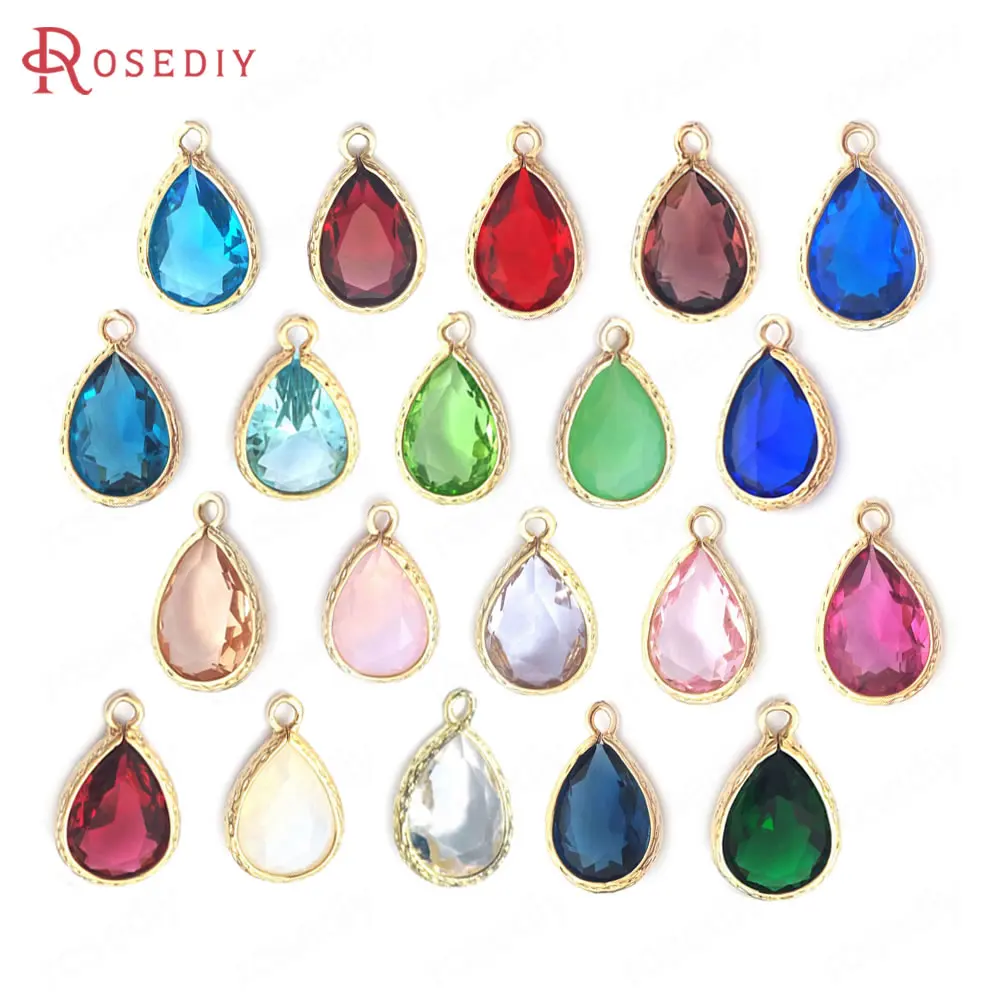 10PCS 10x14MM High Quality Champagne Gold Color Brass and Glass Tear Drop Shape Charms Pendants Jewelry Making Diy Findings