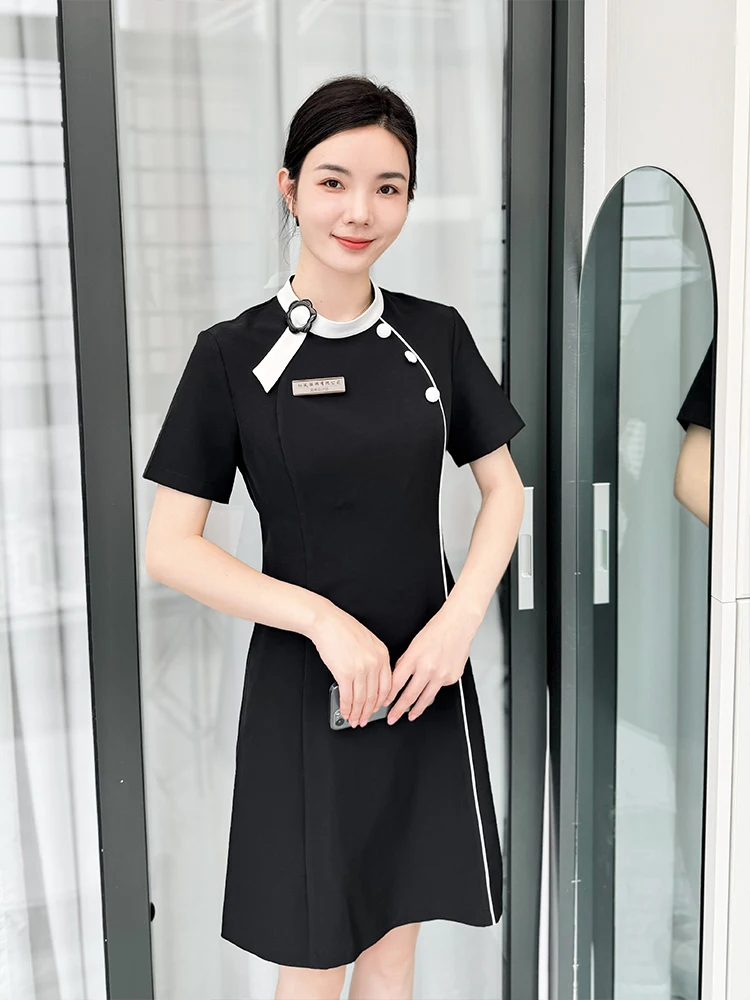 

Professional 2024 New Women's Dress Set Front Desk Reception Hotel Work Uniform Beauty Salon Club Uniform Short Sleeve A-Line...