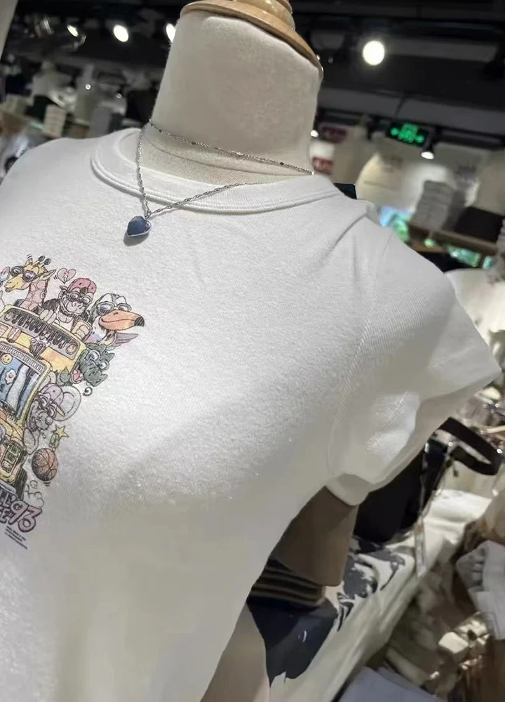 Dinossauro fofo estampado feminino camiseta fina, gola redonda, camiseta casual de algodão manga curta, Harajuku Vintage, top doce, Y2K, verão