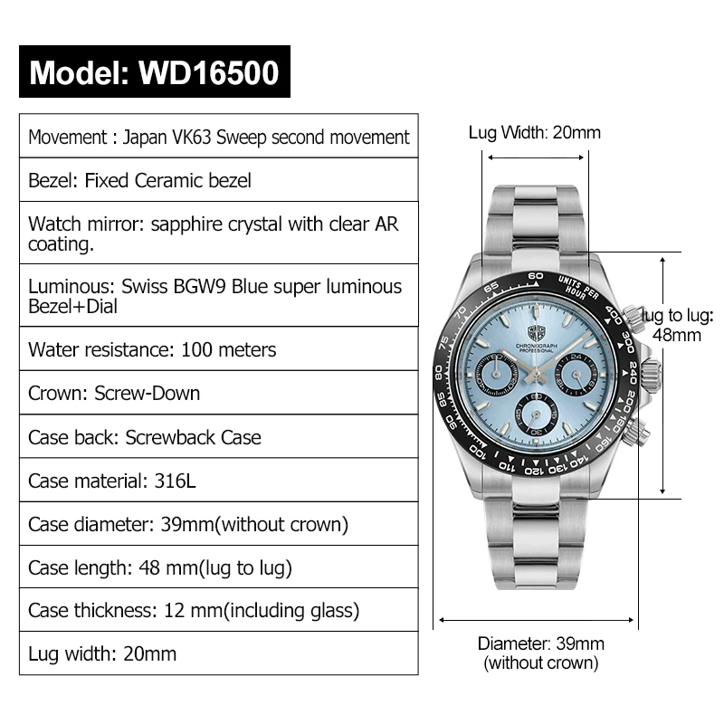 Watchdives WD16500 ساعة كلاسيكية VK63 حركة كوارتز Supre BGW9 ساعة يد مضيئة 100 متر مقاومة للماء ساعات كريستال الياقوت