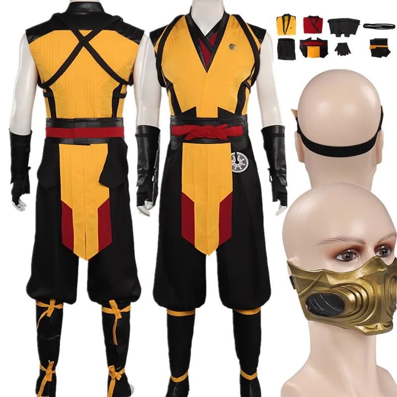 

Adult Mortal Fantasy Kombat Scorpion Cosplay Costume Men Uniform Pants Belt Gloves Mask Outfits Halloween Carnival Party Suit