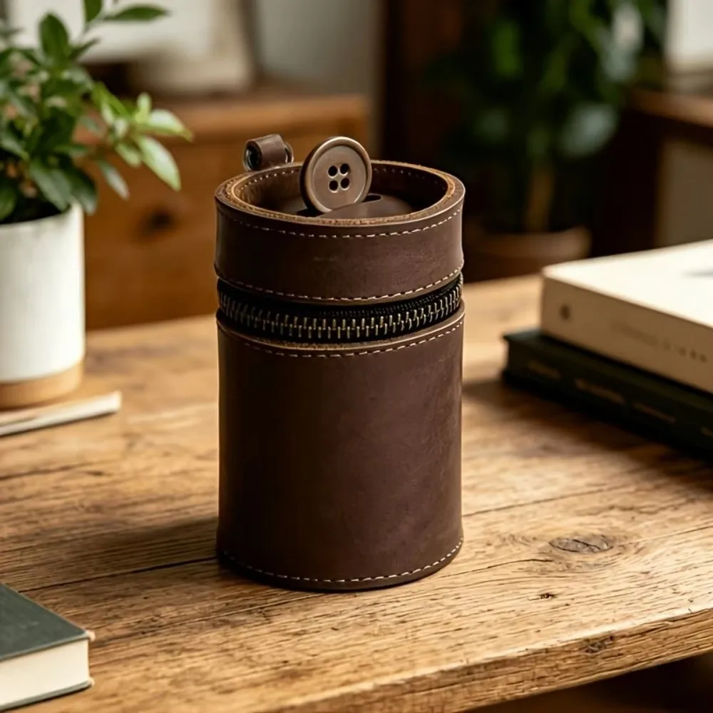 PU Leather Coin Storage Bank Handmade Cylindrical Car Interior Piggy Bank with Clip Round Zipper Trinkets Coin Purse