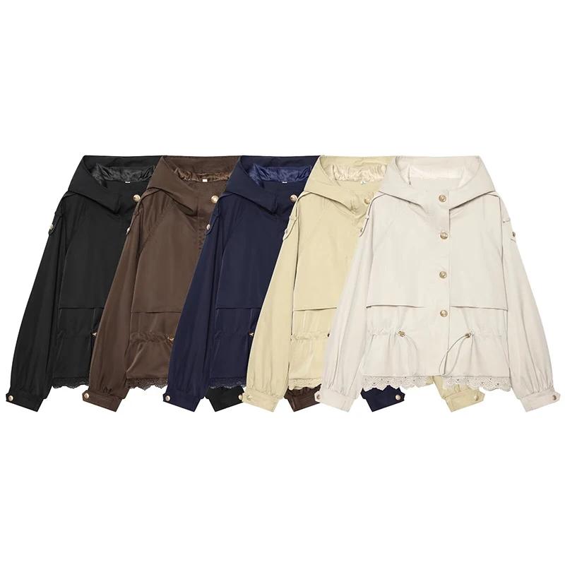 Guobioziy 2026 Autumn  Hooded Drawstr Waist Gentle French Aesthetic Lace Hem Detail Silhouette Viral Grade Commuter Staple