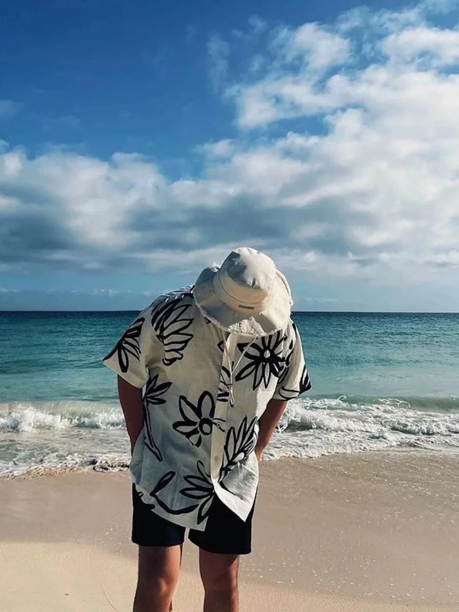 

Hawaii White Floral Cuban Collar Men's Casual Beachside Short Sleeve Shirt Jacket Loose Fit Printed Youth Summer Fashion