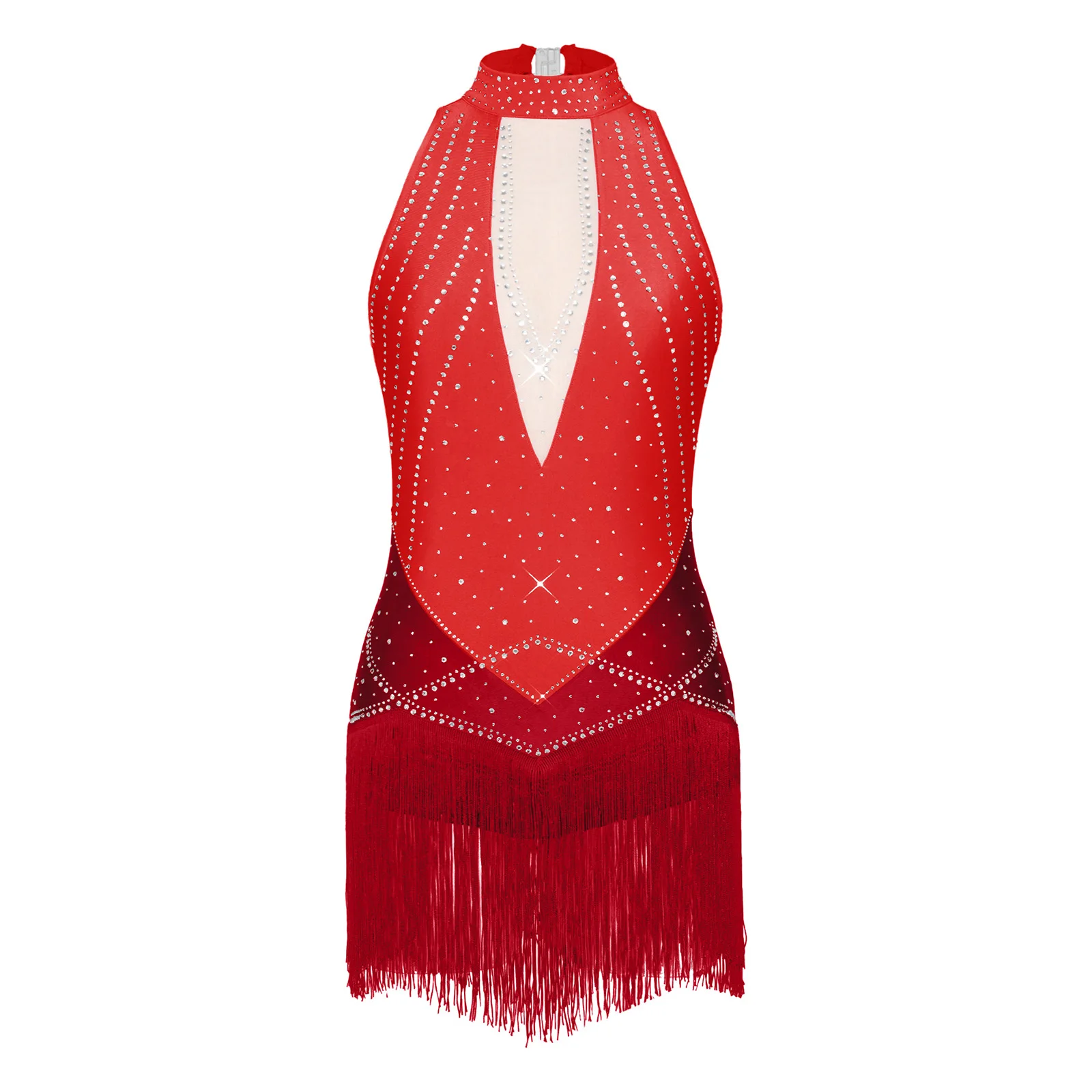 

Womens Latin Dance Fringed Bodysuit Dress Rhinestones Color Blocking Tassel Waist Sleeveless Jumpsuit for Tango Rumba Salsa