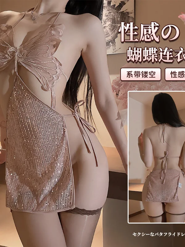 섹시한 행잉 넥 레이스업 등 없는 스팽글 나비 서스펜더 원피스, 여성 할로우 아웃 메쉬 쉬어 숏 원피스, EYZF, 2024 신상