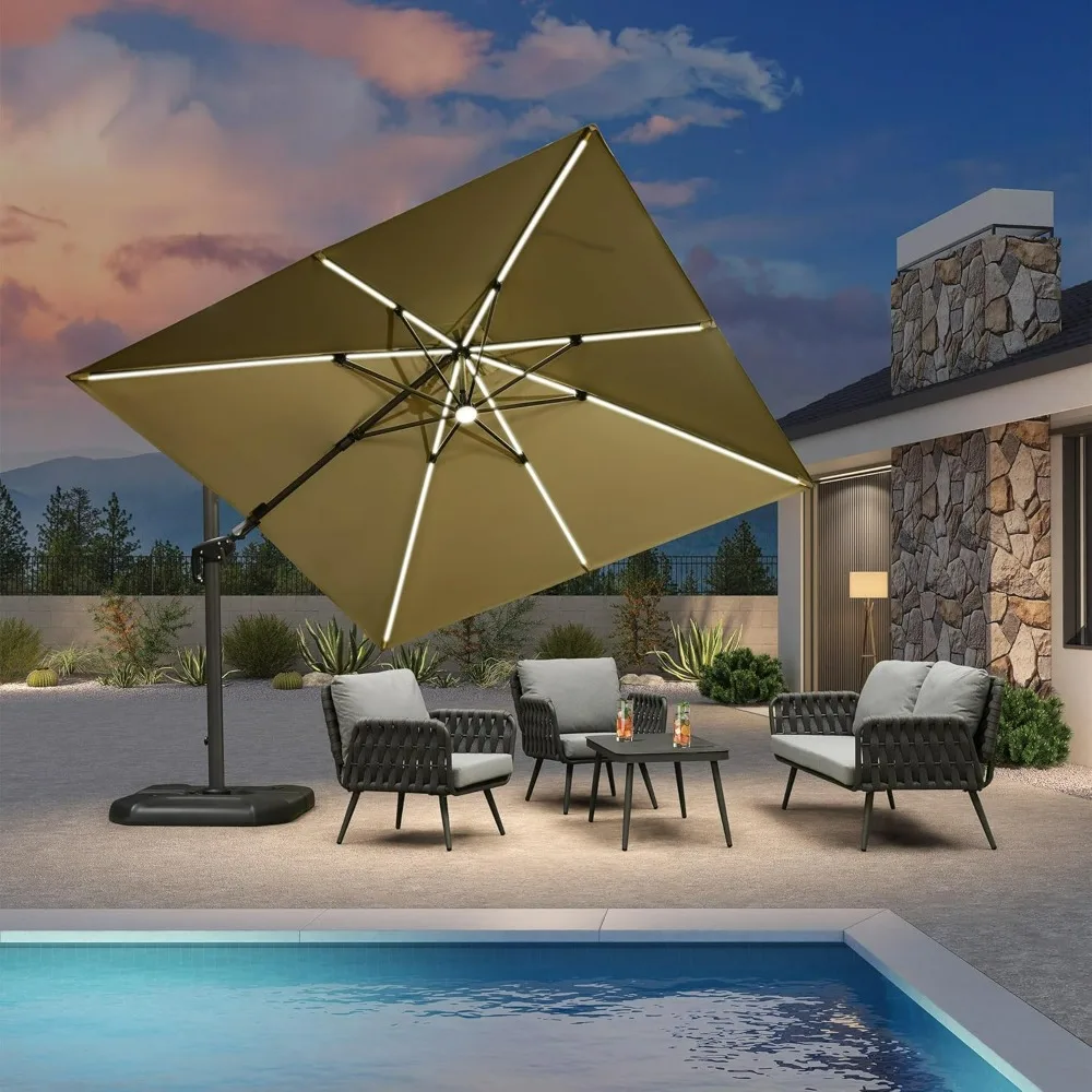 10 Feet Patio Umbrella Outdoor Cantilever Solar Powered LED Swivel Square Umbrella Aluminum Offset Umbrella with 360-degree