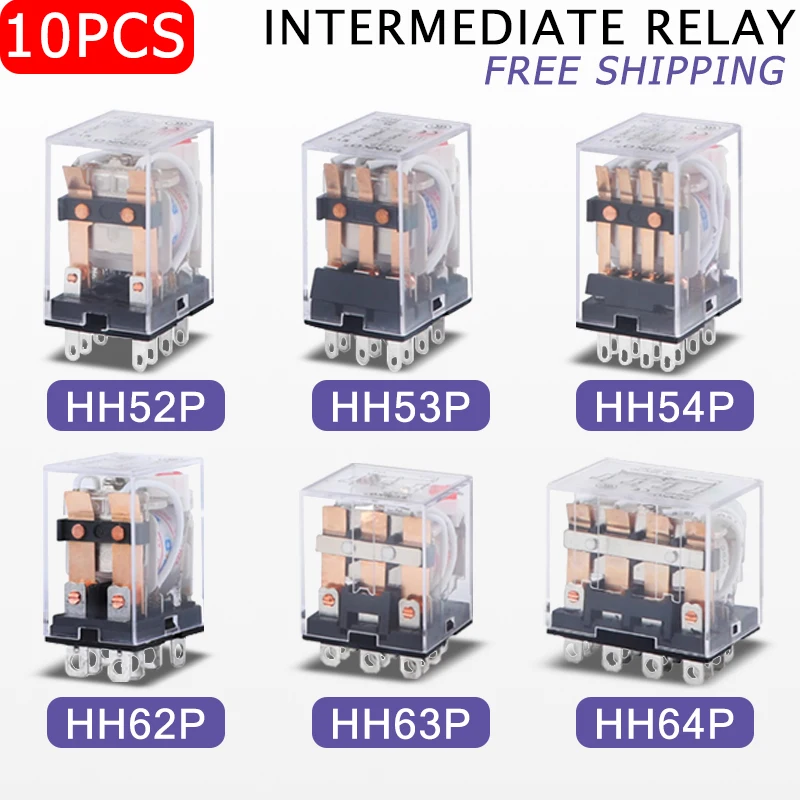 10PCS Miniature Coil Generalel ectromagnetic Intermediate Relay Switch HH52P 53P 54P 62P 63P 63P LED 12/24VDC 110/220VAC