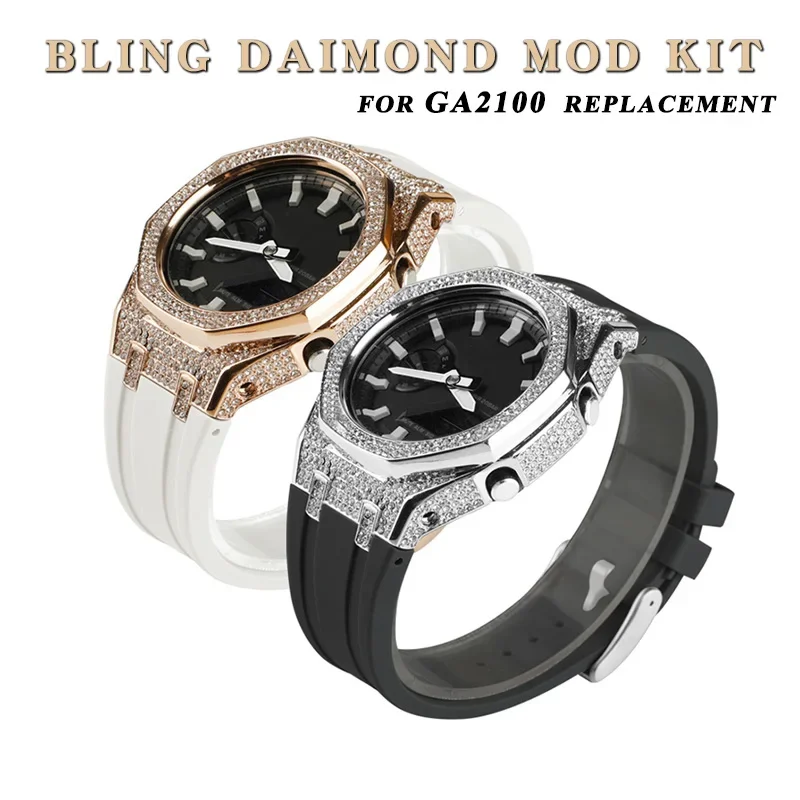 مجموعة تعديل فاخرة لكاسيواك GA2100 و GAB2100 ، علبة معدنية ماسية ، حافة مجددة Ga ، سوار سوار مطاطي