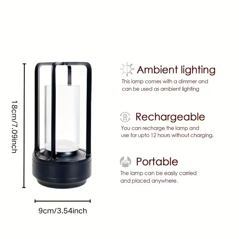 Modern Rechargeable LED Table Lamps High-Capacity Battery with Clear Glass Cylinders and Aluminum Frames Touch-Control Dimmable Ambient Lights with 3 Color Temperatures Available in Golden Black or Silvery for Bedroom Bedside Dining Table and Home Decor