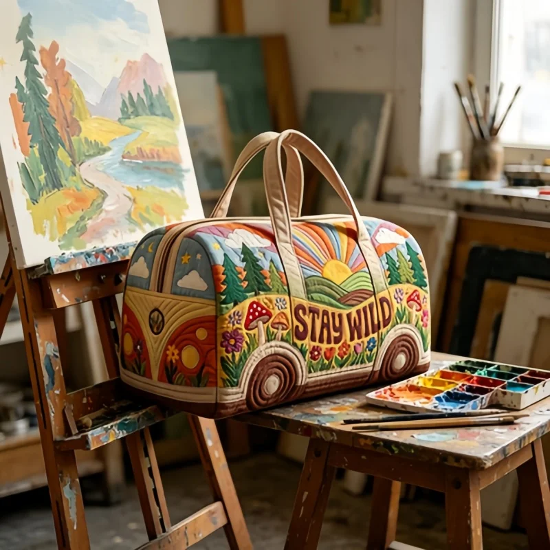 

1pc Retro Hippie Van Duffle Bag, 3D Quilted Boho Travel Bag, Mushroom Floral Print Weekender Bag for Women