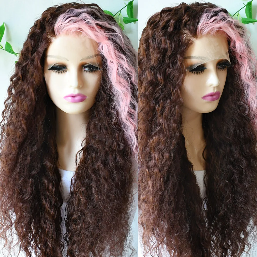 Pink Brown 13x4 Long Curly Lace Front Wigs Glueless Synthetic Lace Front Wig For Women Loose Wave Wig Cosplay Party