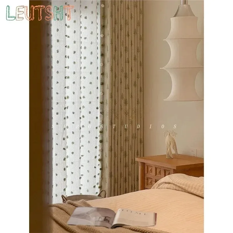 Luxury Boy and Girl Bedroom Bay Window Blackout Chenille Fresh Green Small Pine Tree Yarn-dyed Jacquard Children's Curtain Cloth
